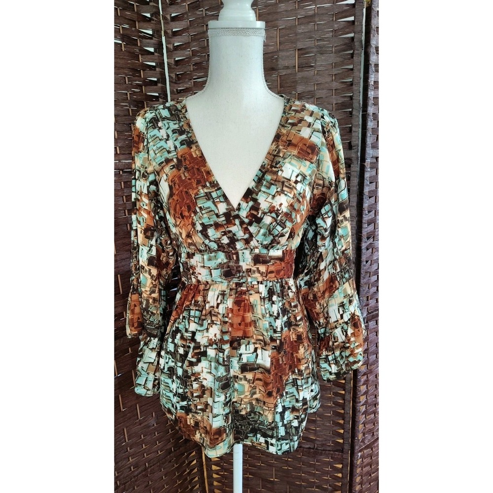 Betsey Johnson Top S Abstract V Neck Bell Sleeve Tie Back Faux Wrap Vtg Y2K